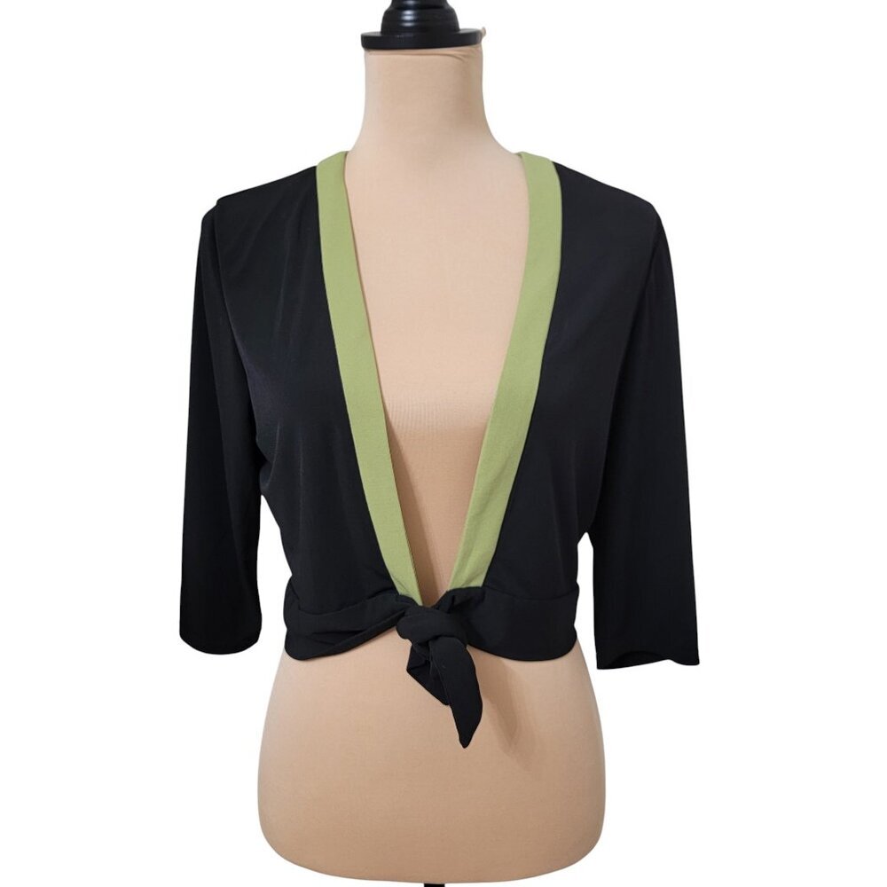 Studio I Size 12 Black with Lime Green Trim Bolero/Cropped Cardigan, Tie Front
